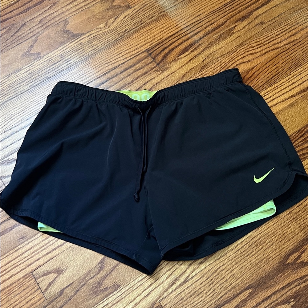 Nike Women's Black and Neon Green Athletic Shorts